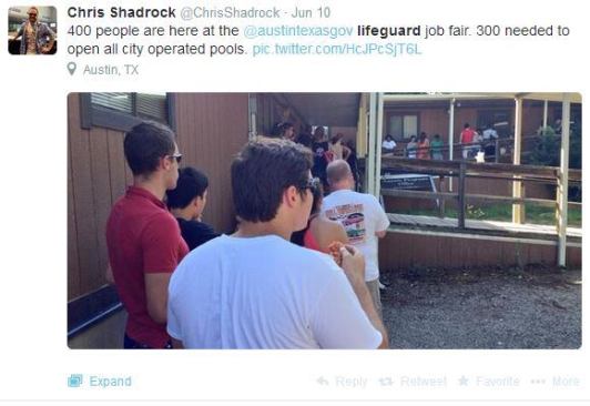 Several states, including Texas, are grappling this season with a 
lifeguard shortage, but in Austin, where 
half of its 33 pools will remain closed until 300 recruits are hired, it may not be a problem for long. As area reporter/photo journalist 
@ChrisShadrock noted, more than 400 applicants showed up for the 
@austintexasgov job fair earlier this month. Hopefully they find the right (and qualified) individuals to fill the positions. #AISwimSocial