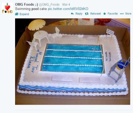 @OMG_Foods was just as happy as we were to find this gem. The honoree Elena must really like swimming. Can't say we blame her. Wouldn't blame her if she felt guilty about slicing into this beautiful cake, either. Not surprising, this is not the only swimming pool-inspired pastry floating around the Net. In fact, a quick image search on Google returned hundreds of really fantastic versions. If you know someone who loves the pool and sweets, bake a cake, take a picture and be sure to share it on Twitter using the hashtag #AISwimSocial!<</body>