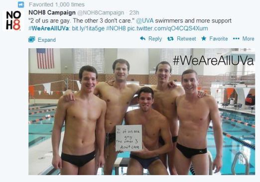 @NOH8Campaign gave props to the @UVA #wearelluva effort at the University of Virginia and members of its swim team, who posted this photo in support of a mission to change the perception of inclusion and diversity in hopes of proving these are not just buzzwords. #AISwimSocial