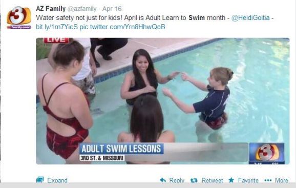 @AZfamily made sure its followers were aware of Adult Learn to Swim month in April. Established by the U.S. Master's Swimming charitable arm Swimming Saves Lives Foundation, the effort aims to decrease the percentage of adults who can't swim the length of a pool. #AISwimSocial