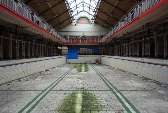 Harpurhey Baths –  Manchester, UK  The pool was closed in 2001 reportedly after serious defects were discovered in the building’s walls and machinery. While in operation it was "was a focal point for both work and play for many years," according to this 
report.