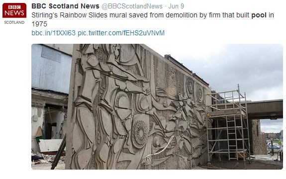 Art and history are preserved, notes @BBCScotlandNews, after sharing this image of murals that graced the walls of the Rainbow Slides pool complex in Scotland for 39 years before the building was demolished in March. Equally as cool is that the very same company that built the pool in 1975, Ogilvie Construction, was there to save the murals. Read more about the story 
here. #AISwimSocial
