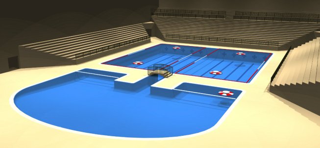 The 25m Aqua Gate serves multiple aquatic activities, including watersports. Features include the Aqua-Gate, which can isolate or interconnect individual water temperatures and treatments; spectator seating around the competition pool; a beach-entry teaching pool that doubles as a warmup section for competitive events; and the Aqua-Bridge, which adjoins the two “L” shaped observation bulkheads.  