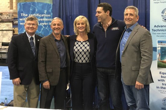 Pictured L-R: James Mock, interim executive director of the Pool & Hot Tub Foundation; interim PHTA CEO Lawrence Caniglia; APSP Chairman Donna Williams; NSPF Chairman Rob Butcher; APSP Past Chairman Chris Curcio.