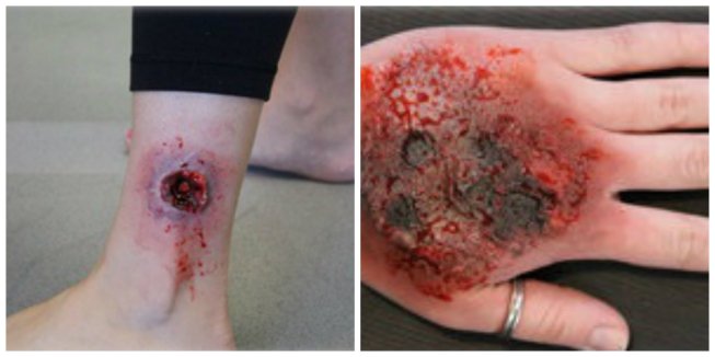 Mock injuries such as these, created by a River Road staffer, are used during an active-shooter response training.