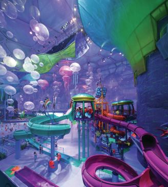 Slide towers disguised as plants and coral give guests an unexpected view of the underwater environment. Many visitors have compared the night-time experience of the waterpark to living inside a 3-D movie or computer game.