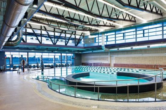 The 3,500 square foot recreation pool is used for recreational and lap swimming, and therapeutic classes. It features a cyclonic vortex and an infinity edge. Additionally, there is an adjacent spa.